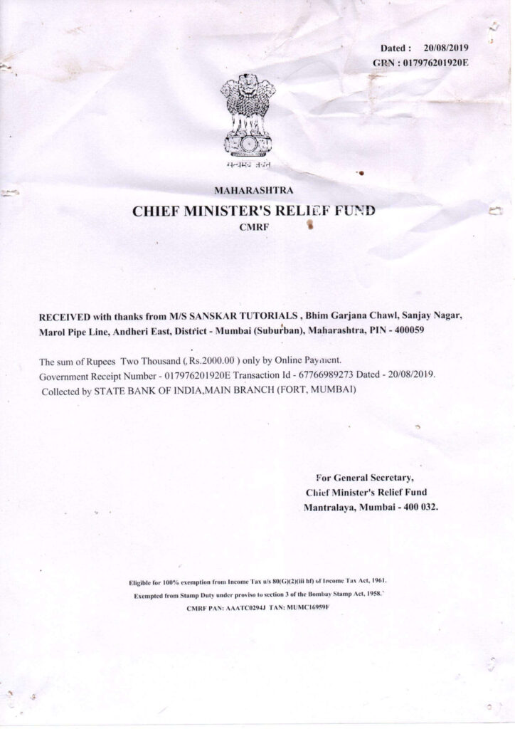 Donated Funds for Maharashtra Floods Relief
